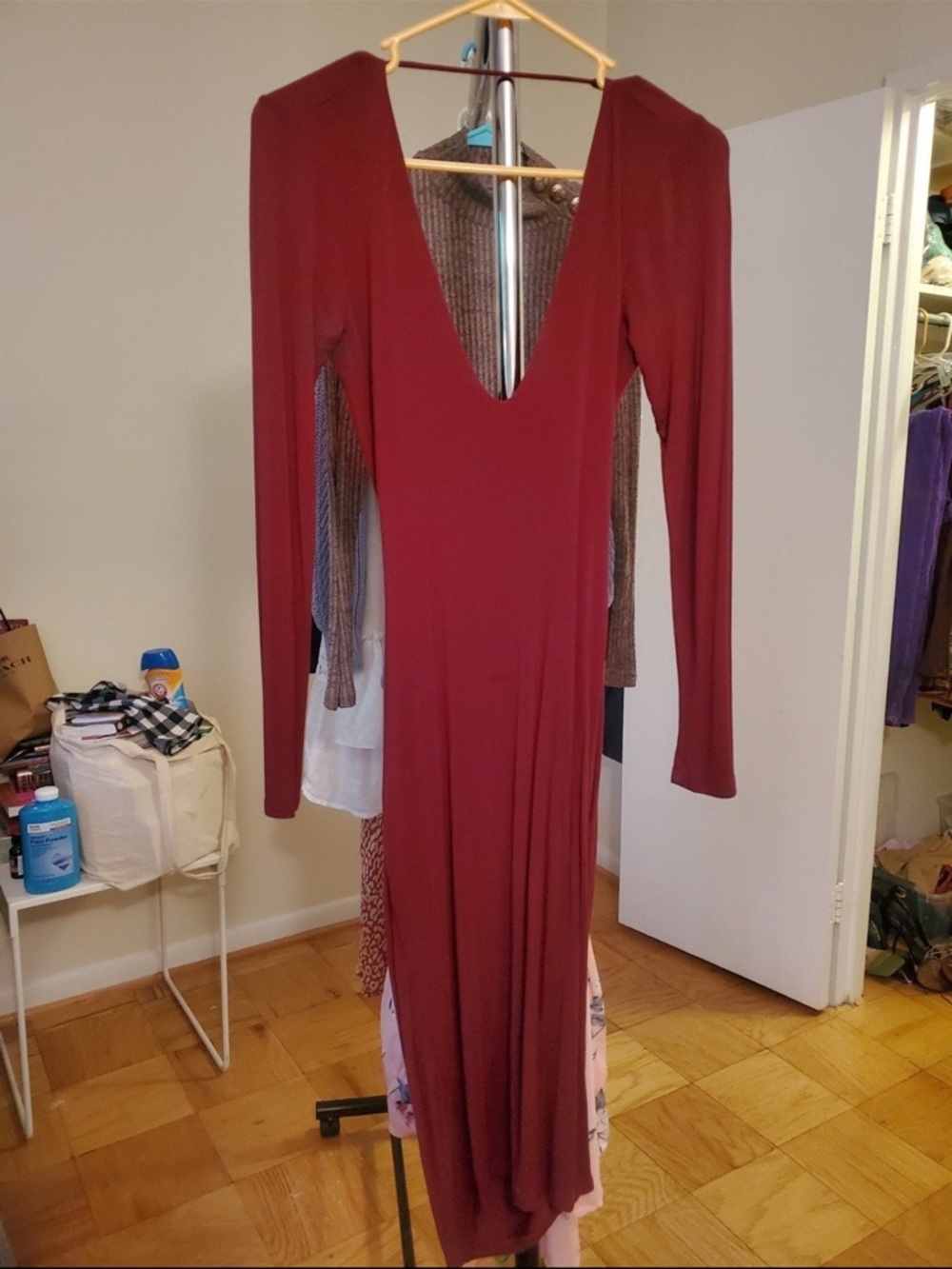 Long Sleeve Deep V Maxi Dress in Burgundy